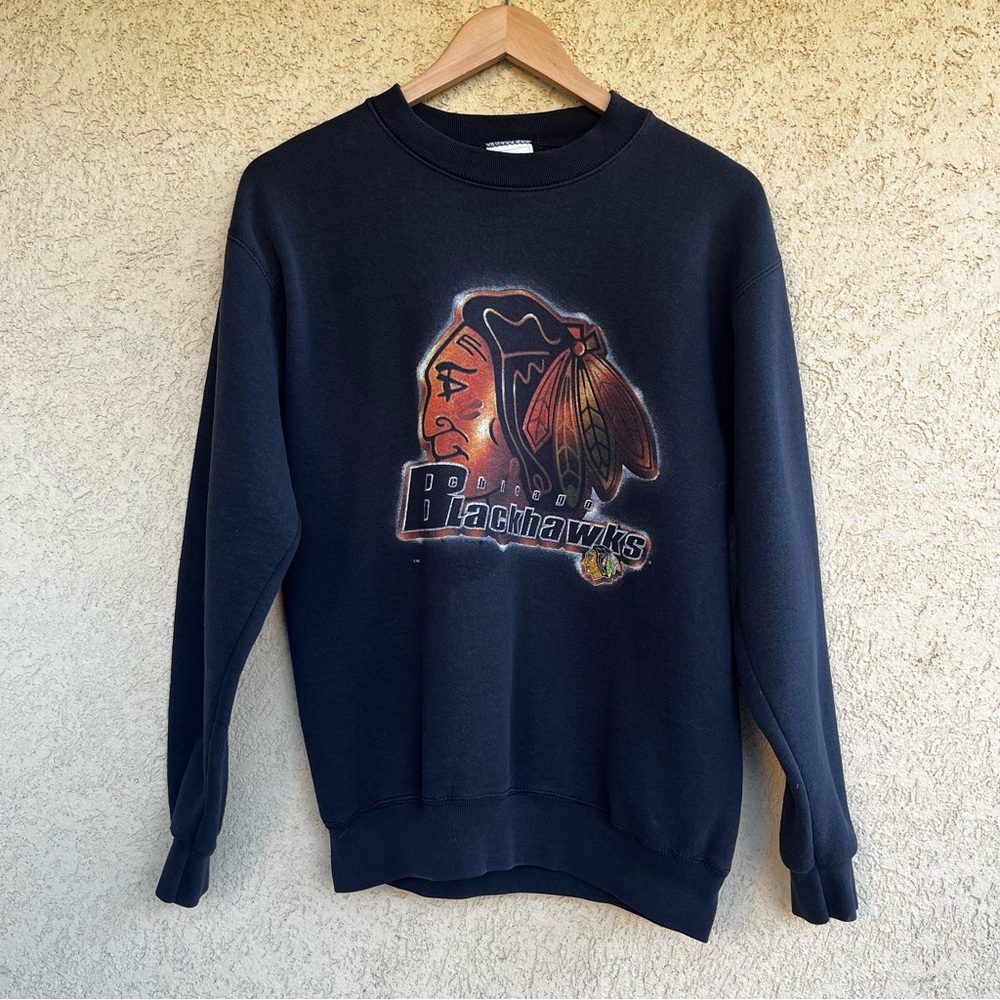 Vintage 90’s Graphic Chicago Blackhawks Black Sweatshirt Pullover Crewneck - Picture 1 of 6